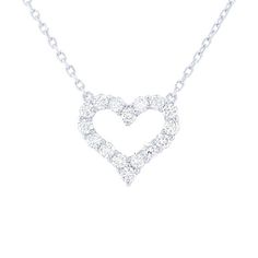 Symbolize your love with this beautiful heart pendant accented with round brilliant cut diamonds. Luxury White Gold Heart Pendant Diamond Necklace, Elegant Heart Shaped Diamond Necklace For Formal, Elegant Heart Shaped Diamond Necklace For Formal Occasions, Diamond White Heart Pendant Necklace For Wedding, Fine Jewelry Heart Necklace In Cubic Zirconia, Fine Jewelry Heart Necklace With Cubic Zirconia, White Heart-shaped Necklaces With Single Cut Diamonds, Brilliant Cut White Diamond Open Heart Necklace, White Heart Necklaces With Single Cut Diamonds