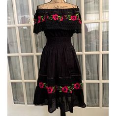 Black Cotton Dress With Pink Embroidered Flowers, On Or Off The Shoulder They’re One Size But Will Fit A Women’s Small Through Large. This In Particular Is One Of A Kind Since All Dresses Are Done With Multicolored Embroidery Florals. Price Is Firm // Per Dress Bundle Discount 24” Across Chest (It’s Meant To Be Slightly Big For Comfort) 37” In Length Mexican Dresses For Women Traditional, Black Floral Embroidered Summer Dress, Embroidered Black Summer Dress, Black Embroidered Beach Dress For Spring, Spring Beach Embroidered Black Dress, Spring Beach Black Embroidered Dress, Black Floral Embroidered Beach Dress, Beach Black Embroidered Dress With Floral Details, Black Floral Embroidered Dress For Beach