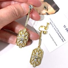 "A pair of Art Deco clipon bridal earrings with 1920s vintage style Gatsby wedding linear dangle geometric motifs on adjustable screw back clipon crystal tops. These lightweight earrings are made of sparkly clear cubic zirconia in silver rhodium white or yellow or rose gold plated tarnish-resistant finish. Earrings are about 2 3/8\" (6cm) including clipons. View matching pieces or similar designs at https://etsy.me/2Mu6wjC See geometric designs at https://etsy.me/2eKf6s8 Only selected earrings a Vintage Clip-on Crystal Earrings For Wedding, Elegant Drop Earrings With Screw Back, Elegant Screw Back Drop Earrings, Vintage Bridal Earrings With Elegant Design, Classic Clip-on Bridal Earrings For Evening, Wedding Jewelry With Screw Back, Classic Evening Bridal Clip-on Earrings, Gold Diamond Screw Back Earrings For Wedding, Elegant Diamond Earrings With Screw Back