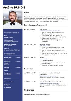 a blue and white resume template with an image of a man in a bow tie