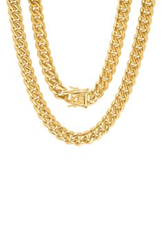 A heavy curb chain necklace is cast in durable yellow gold plated stainless steel. 18K yellow gold plated stainless steel curb chain necklace. Box clasp with safety latches. Approx. 24" L x 10mm W. Imported Classic Cuban Link Necklace, Tarnish Resistant, Yellow Gold Cuban Link Necklace Tarnish Resistant, Tarnish Resistant Yellow Gold Cuban Link Necklace, Cuban Link Bracelet In Stainless Steel With Gold Chain, Gold Chain Cuban Link Bracelet In Stainless Steel, Stainless Steel Cuban Link Bracelet With Gold Chain, Gold Cuban Link Chunky Chain Bracelet, Gold Cuban Link Bracelet With Chunky Chain, Classic Gold Cuban Link Necklace With Curb Chain