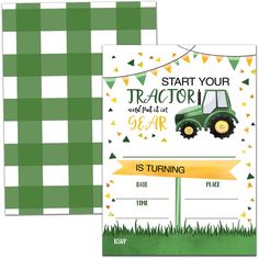 a tractor birthday party with green and white checkered table cloth, place cards, and an envelope