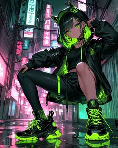 a woman in neon green and black outfit sitting on the ground with neon lights behind her