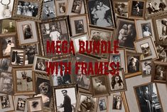 a collage of old photos with the words mega bundle with frames on it in red