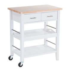 a white kitchen island with two drawers on wheels