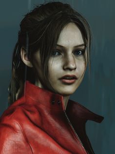 a woman wearing a red leather jacket and looking at the camera with an evil look on her face