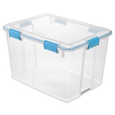 two plastic storage containers with blue handles