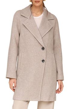 A blazer-inspired silhouette with notched lapels lends refinement to a longline coat cut with an off-center placket and lightly kissed with warm wool fibers. 35" length Asymmetric button closure Notched lapels Front welt pockets Lined 70% polyester, 30% wool Dry clean Imported Lapel Coat, Longline Coat, Stone Grey, Long A Line, Welt Pockets, Dry Clean, Nordstrom, Blazer, Wool