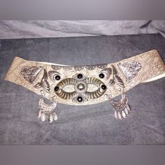 Vintage 80s Embossed Leather (?) Silver/Brass Embellished Belt Size 36 in will fit Medium Large Embellished Belt, Silver Belts, Green Forest, Suspender Belt, Leather Silver, Belt Size, Suspenders, Embossed Leather, Halloween Shopping