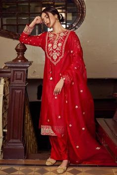 Shop for Stotram Embroidered Kurta Set for Women Online at Aza Fashions Red Salwar Suit, Tassel Dupatta, Red Suits, Suits For Women Indian, Salwar Suits Party Wear, Latest Designer Dresses, Red Kurta, Rani Pink, Traditional Attires