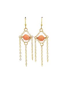 Fresh, invigorating and vibrant, these earrings feature brilliant faceted Coral spheres suspended in wire wrapped lengths of 14K yellow gold filled chain. Lightweight and flexible, these delicate beauties will move with you as you flow through life. Metal: 14k yellow gold filled chain | 24K gold plated wireGemstone: CoralTotal Length: 1¾"Earwire: 14k gold filled french hookHandmade in Philadelphia, PA USA Wire Chandelier Earrings, Wire Chandelier, Drop Chandelier, Design Jewelry, Gift Jewelry, Philadelphia Pa, Gold Filled Chain, Chandelier Earrings, Jewelry Ideas