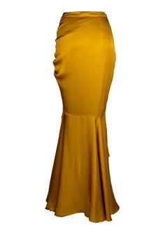 This marigold muse ruched skirt with layered ruffle hem is generously dipped in mustard gold hue. This skirt exudes summer sensuality as the tiers of softly draped satin flow with ease on the body. The playful adjustable drawstring details further accentuate the curves and truly celebrate femininity. Fitted Pre-draped Bottoms For Party, Elegant Ruched Silk Skirt, Elegant Silk Skirt With Ruched Detail, Fitted Party Maxi Skirt With Folds, Fitted Maxi Skirt With Folds For Party, Silk Tiered Skirt For Evening, Elegant Long Yellow Skirt, Silk Ruched Skirt For Party, Elegant Gold Maxi Skirt For Evening