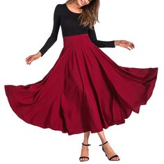 Burgundy High Waisted Swing A-line Maxi Skirt Casual A-line Voluminous Skirt, Fitted A-line Maxi Skirt With Gathered Detail, Stretch A-line Skirt In Solid Color, Chic A-line Maxi Skirt In Solid Color, Fitted A-line Maxi Skirt With Lining, Stretch A-line Skirt For Fall, Chic A-line Maxi Skirt, Fall A-line Pleated Maxi Skirt, Flowy A-line Maxi Skirt In Solid Color