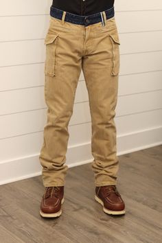 Front Rise: 10" Back Rise: 14" Leg Opening 16" - 12 oz - Double Cargo & Hidden Pockets - 100% Cotton - Button Fly - Zena Spice Thread Casual Cotton Cargo Jeans With Button Closure, Rugged Fitted Washed Jeans, Casual Brown Denim Cargo Jeans, Brown Washed Cotton Jeans, Rugged Straight Leg Pre-washed Bottoms, Denim Bottoms For Outdoor Fall Occasions, Utility Jeans For Fall Outdoor Activities, Fall Utility Jeans For Outdoor, Everyday Brown Jeans With Pockets