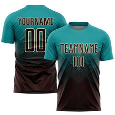 a teal and brown soccer jersey with the number 00 on it, in front of a white background