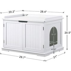 a white dog house with measurements for the top and bottom section, including the door open