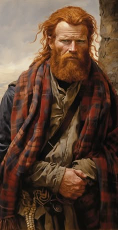 a painting of a man with red hair and beard wearing a plaid blanket over his shoulders