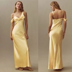 Condition: New With Tags! Size: 10 Details: - Silk - Adjustable Straps - Off Shoulder Detail Silk Cowl Neck Dress, Yellow Satin Dress, Yellow Formal Dress, Floor Length Maxi Skirt, Formal Wedding Guest Dress, Spring Formal, Formal Wedding Guests, Charmeuse Fabric, Famous Dress