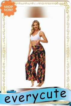 Multicolor Digital Print Tie Waist Beachwear Wide Leg Pants Summer Vacation Harem Pants Ankle-length, Summer Beach Pants With Floral Print, Summer Vacation Wide-leg Harem Pants, Floral Print Wide Leg Pants For Summer Beach, Floral Print Pants For Beach Day Out, Wide Leg Harem Pants For Spring Vacation, Spring Vacation Wide-leg Harem Pants, Summer Beach Wide Leg Pants With Floral Print, Summer Floral Print Harem Pants For Vacation