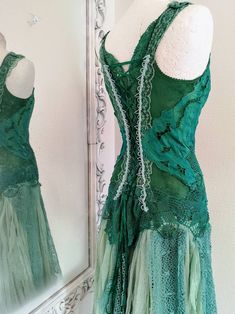 Green Gown With Corset Back And Fitted Bodice, Fitted Green Gown With Corset Back, Fairytale Summer Wedding Dress, Fairy Style Sleeveless Wedding Dress, Sleeveless Fairy Style Wedding Dress, Fairy Style Wedding Dress For Summer, Whimsical Sleeveless Fairy Dress For Wedding, Sleeveless Fairycore Wedding Dress, Fairy Style Summer Wedding Dress