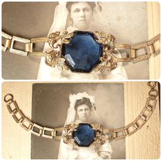 "I am SO thrilled to be offering a stunning Art Deco/Edwardian circa 1920s -1930s era antiqued gold colored brass filigree navy sapphire blue open back glass crystal link bracelet perfect for the Bride  It's tough enough to find these antique filigree pieces anymore but to find them with a navy blue stone is a rare treat!  The ornate embossed filigree brass pendant features a claw set deep navy blue unusual octagonal open back bezel set glass crystal.  The setting features an intricate vine/leaf Antique Gold Vintage Jewelry For Formal Occasions, Vintage Antique Gold Jewelry For Formal Occasions, Antique Adjustable Jewelry For Formal Occasions, Victorian Screw Back Jewelry For Formal Occasions, Victorian Formal Jewelry With Screw Back, Antique Gold Vintage Bracelet For Formal Occasions, Vintage Antique Gold Bracelets For Formal Occasions, Antique Gold Evening Jewelry, Art Deco Vintage Charm Jewelry For Formal Occasions