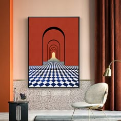 a room with a chair and a painting on the wall above it that has a checkered floor