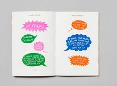 an open book with colorful speech bubbles on the pages and words written in different languages