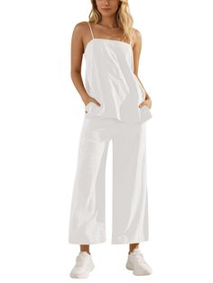 PRICES MAY VARY. Material: The 2 piece linen sets is made of premium cotton and viscose. Featured with soft and lightweight, wear-resistant and breathable to wear Camisole Top: Chic summer outfits with sleeveless tank top, split hem, loose fit, solid color, basic style is perfect with any shorts, jeans, leggings Wide Leg Pants: Waistband is soft elastic, the drawstring has plenty of length, allowing for easy adjustment of the tightness. Side pockets can hold your essentials Occasion: 2 piece lou Solid Linen Sets With Pockets, Solid Color Linen Sets With Pockets, Relaxed Fit Cotton Sleeveless Set, Summer Cotton Sets With Long Pants, Solid Linen Loungewear Sets, Solid Color Linen Loungewear Sets, Cotton Long Pants Set For Summer, Spring Cotton Pant Set With Pockets, Casual Linen Pant Set For Summer