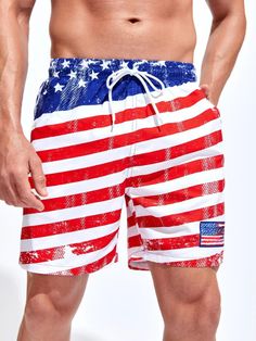 Celebrate your patriotism in style with our American Flag Print Swim Shorts. Crafted with care, these swim shorts showcase a vibrant and eye-catching design that proudly displays the stars and stripes of the American flag. Details: Pattern Type: Striped, Flag Details: Drawstring Type: Bottoms Bottom Type: Shorts Fabric: Non-Stretch Composition: 100% Polyester Care Instructions: Machine wash, do not dry clean Size Chart (Inches): Size US Bottoms Length Hip Size Waist Size S 36 16.9 41.7 29.1-40.9 Casual 4th Of July Swimwear For Vacation, Casual 4th Of July Vacation Swimwear, Casual Swimwear For 4th Of July Vacation, 4th Of July Beach Bottoms With Flag Print, Beach Shorts With Flag Print, Casual Shorts For 4th Of July Beach, Casual Beach Shorts For 4th Of July, Casual Beach Shorts With Flag Print, Shorts For 4th Of July Beach Events