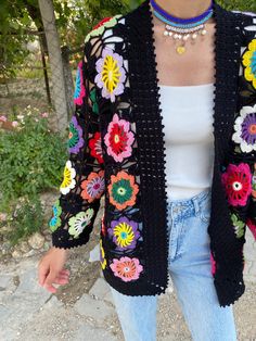 Granny Square Floral Cardigan Summer Vest Cardigan Festival - Etsy Bohemian Patchwork Cardigan For Summer, Handmade Multicolor Cardigan For Spring, Casual Handmade Black Outerwear, Handmade Black Outerwear For Spring, Multicolor Patchwork Cardigan For Spring, Handmade Casual Black Cardigan, Black Bohemian Cardigan For Summer, Handmade Black Casual Cardigan, Summer Patchwork Cardigan