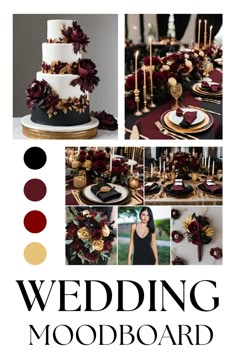 the wedding mood board is full of burgundy and gold accents, including flowers, candles, and cake