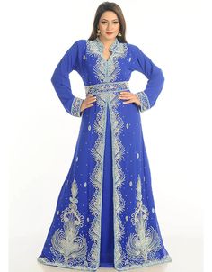 Women Royal Blue Georgette Hand Zari Embroidery Kaftan Takchita, Silver, Georgette, Handmade, Royal Blue, Royal Blue, Kaftans, XS, S, M, L, XL, 2XL, 3XL, 4XL, 5XL, 6XL, 7XL:Arabic Attire Bollywood Style Floral Embroidery Kaftan For Party, Bollywood Style Party Kaftan With Floral Embroidery, Bollywood Style Kaftan With Floral Embroidery For Party, Blue Floor-length Traditional Wear For Transitional Season, Blue Transitional Traditional Floor-length Wear, Blue Kaftan With Zari Work For Diwali, Blue Zari Work Kaftan For Diwali, Party Kaftan With Floral Embroidery And Traditional Drape, Floral Embroidered Kaftan For Party