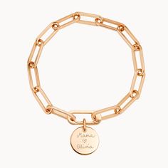 Forever linked by love. Featuring an iconic hinge to clip on your hand-engraved charms, this personalized link bracelet can be hand-engraved with your special words or messages.Available in 18K Champagne Gold PlatedCharm: 0.6 Diameter, 0.03 ThicknessChain length &amp; style: 7.3 Thick Trace ChainCharms are removable from this chain and can be worn with other Merci Maman charmsHand-engraved in our Paris workshopSent with love in a complimentary gift boxAny slight variations in lettering depth Gift Rose Gold Oval Link Chain Bracelet, Charm Bracelet With Solid Links As A Gift, Engraved Chain Link Jewelry Gift, Personalized Chain Link Bracelet Gift, Engraved Chain Link Bracelet Gift, Engraved Chain Link Bracelet As Gift, Engraved Chain Link Bracelet For Gift, Everyday Engraved Chain Bracelet, Engraved Chain Bracelet For Everyday Wear