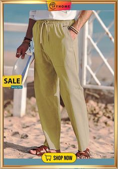 Men's Linen Pants Trousers Summer Pants Beach Pants Pleated Pants Drawstring Elastic Waist Plain Breathable Soft Casual Daily Holiday Linen / Cotton Blend Fashion Streetwear Turmeric Blue Solid Parachute Pants For Summer Outdoor, Summer Outdoor Solid Color Parachute Pants, Casual Cotton Parachute Pants For Beach, Beach Season Cotton Harem Pants With Pockets, Outdoor Bottoms With Pockets For Beach Season, Summer Outdoor Solid Color Pants, Beach Season Cotton Bottoms For Outdoor, Relaxed Fit Solid Color Beach Pants, Casual Cargo Pants For Beach