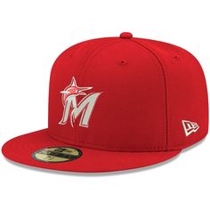 Highlight your loyalty to the Miami Marlins by grabbing this Logo 59FIFTY fitted hat from New Era. It features a unique color design with bold Miami Marlins graphics embroidered on the crown. This cap will be the perfect addition to any ensemble. Material: 100% Polyester Fitted Officially licensed Six panels with eyelets Flat bill with ability to curve Surface washable Brand: New Era Contrast-color undervisor High Crown Imported MLB Batterman on back Embroidered graphics with raised details One Red Fitted Cap For Fan Gear, Red Flat Brim Fitted Hat For Fan Gear, Red Flat Brim Hat For Fan Gear, Red Flat Bill Hats For Fan Gear, Red Fitted Hat With Flat Bill, Red Hats For Fan Gear, One Size Fits Most, Red Cap For Fan Gear, Red Curved Brim Hat For Fan Gear, Bill Design