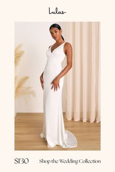 Saying ""I do"" while wearing the Lulus Polished Perfection White Satin Sleeveless Mermaid Maxi Dress is the best way to start your happily ever after! Composed of luxurious woven satin, this glamorous dress has plenty of flattering details, including the slender tank straps, a princess-seamed bodice, and an always flirty V-neck and back. The fitted waist tops a figure-skimming skirt that boasts a mermaid-style silhouette as it cascades down to a maxi hem with a dramatic train at the back. Hidde Sleeveless Mermaid Dress With Sweep Train For Bridesmaid, Sleeveless Mermaid Bridesmaid Dress With Sweep Train, Sleeveless Evening Dress With Sweep Train For Wedding, Elegant Wedding Dress With Fitted Bodice And Mermaid Hem, Sleeveless Maxi Dress With Sweep Train For Wedding, Wedding Dress With Fitted Bodice And Mermaid Hem, Elegant Fitted Mermaid Hem Wedding Dress, V-neck Wedding Dress With Sweep Train And Fitted Bodice, Bridesmaid Wedding Dress With Sweep Train And Fitted Bodice