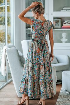 Immerse yourself in bohemian allure with our Paisley Print V-Neck Maxi Dress, where a mesmerizing paisley pattern and a flattering V-neckline unite to create a captivating and flowy ensemble that's perfect for embracing your wanderlust spirit and making a statement at any event. Product code: CAA05A3G075ZZ Features:  Woven V-neckline Cap sleeves Maxi  Column silhouette  Pattern: Tropical,Floral Wash Method: Regular Wash Material: 95%POLYESTER,5%SPANDEX. Non-stretch Bohemian V-neck Maxi Dress, Bohemian Paisley Print Patterned Maxi Dress, Bohemian V-neck Maxi Dress With Paisley Print, Casual V-neck Boho Dress With Paisley Print, V-neck Boho Dress With Paisley Print For Vacation, Beach Boho Dress With V-neck And Paisley Print, V-neck Boho Dress With Paisley Print For Summer, Spring Paisley Print V-neck Maxi Dress, Multicolor V-neck Maxi Dress With Paisley Print