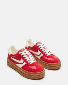 DODGE RED MULTI Red Platform Sneakers, Red Sneakers Outfit, Red Tennis Shoes, Steve Madden Platform Sneakers, Dua Lipa Concert, Tennis Shoes Outfit, Red Platform, Steve Madden Sneakers, Shoes Fall