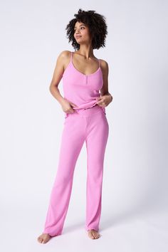 Pink sleep set camisole top & high-waisted pant. Made in Repreve x Reloved recycled soft knit. Spring Set, Sleepwear & Loungewear, Pj Sets, Lounge Pants, High Waisted Pants, Pink Rose, Casual Pants, Pink Ladies, Rib Knit