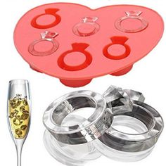 an assortment of wedding rings, wine glasses and cake pans for the bride to be