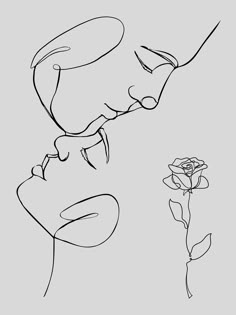 a black and white drawing of a person holding a rose in front of their face