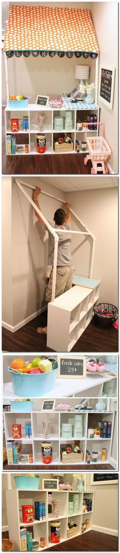 two pictures of the inside of a dollhouse with shelves and furniture in it, including a child's bed