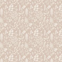 a beige and white wallpaper with leaves, berries and flowers on the background in shades of pink