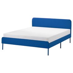 a blue and white bed frame with no sheets on it, in front of a white background