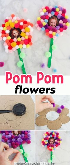 pom pom flowers made out of paper and colored pom poms