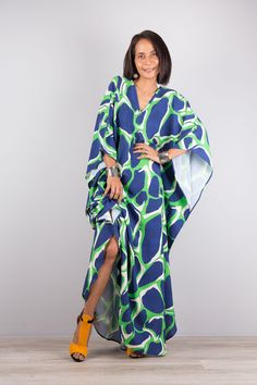 "V neck kaftan dress, blue green dress, Boho summer dress, Long maxi dress perfect as swimsuit cover up, beach dress It is a very stylish garment and the long sleeves definitely give it that romantic touch. Produced by NUICHAN & Co PRODUCT SIZE :  * Chest : max 58\" * Waist : max 58\" * Hips : max 58\"  * Length : 55\" from shoulder to hem * Sleeve Length : 20\" from neckline to hem MATERIAL  * Rayon * Print can be in a slightly different position. MODEL : * Model chest : 32\", waist : 24\" hips Elegant Green Beach Cover-up Dress, Multicolor Maxi V-neck Dress For Vacation, Flowy V-neck Maxi Dress For Beach Cover-up, V-neck Kaftan Dress For Beach, Spring Maxi Dress With Kimono Sleeves, Free Size, Blue Floor-length Summer Maxi Dress, Long V-neck Dress For Summer Beach, Green V-neck Midi Dress For Beach, Long V-neck Summer Dress For The Beach