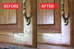 the before and after of an old kitchen cabinet door with rust on it's handles