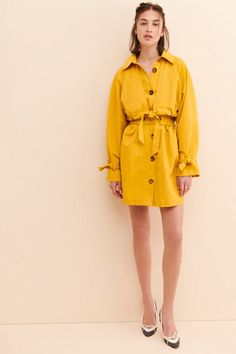 Nuuly | Dresses Chic Button-up Belted Dress For Fall, Chic Fall Belted Button-up Dress, Chic Dress With Button Cuffs For Brunch, Yellow Button-up Shirt Dress, Yellow Button-up Shirt Dress With Buttons, Chic Spring Midi Dress With Covered Buttons, Chic Spring Dress With Button Cuffs, Fall Collared Dresses With Tie Waist, Button-up Tie Waist Dress For Brunch