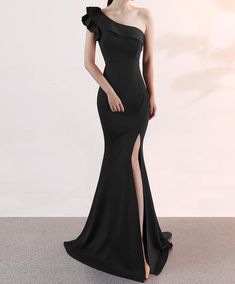 One Shoulder Black Evening Gown (Stunning) Black Wedding Gown With Asymmetrical Neckline, Black Evening Dress With Asymmetrical Neckline For Wedding, Black Prom Gown With Asymmetrical Neckline, Black Gown With Asymmetrical Neckline For Prom, Black One Shoulder Dress With Asymmetrical Neckline For Wedding, Black One-shoulder Dress With Asymmetrical Neckline For Wedding, Black One Shoulder Dress For Prom Season, Black One Shoulder Dress For Prom, Elegant Black One Shoulder Prom Dress