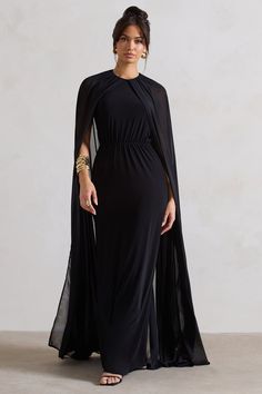 Envy | Black Gathered Maxi Dress With Chiffon Cape Gathered Maxi Dress, Chiffon Cape, Midi Bridesmaid Dress, Fishtail Maxi Dress, High Neck Maxi Dress, Modest Maxi, Club L London, Black Dress Prom, Prom Shopping